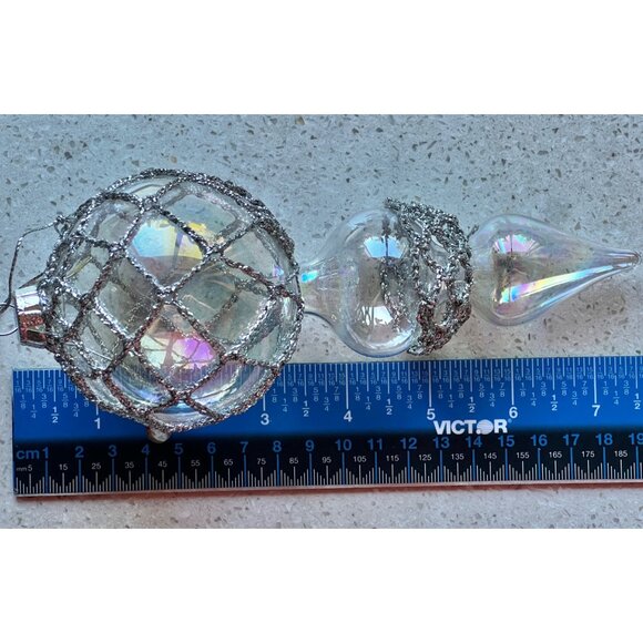 Iridescent Blown Glass Ornament With Silver Glitter Net Design 7.5” - Picture 3 of 4